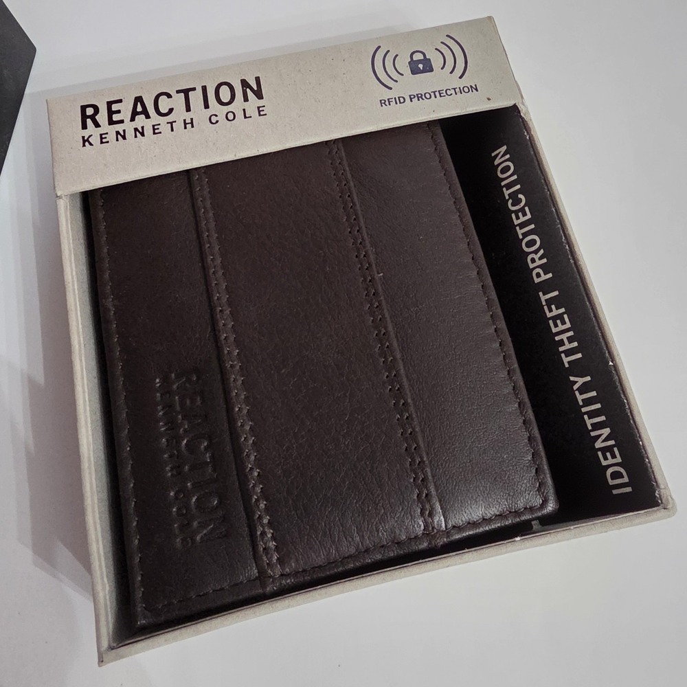 KENNETH COLE REACTION Brown Slim Fold‎ RFID Blocking Bi-Fold Wallet w/ Card Case